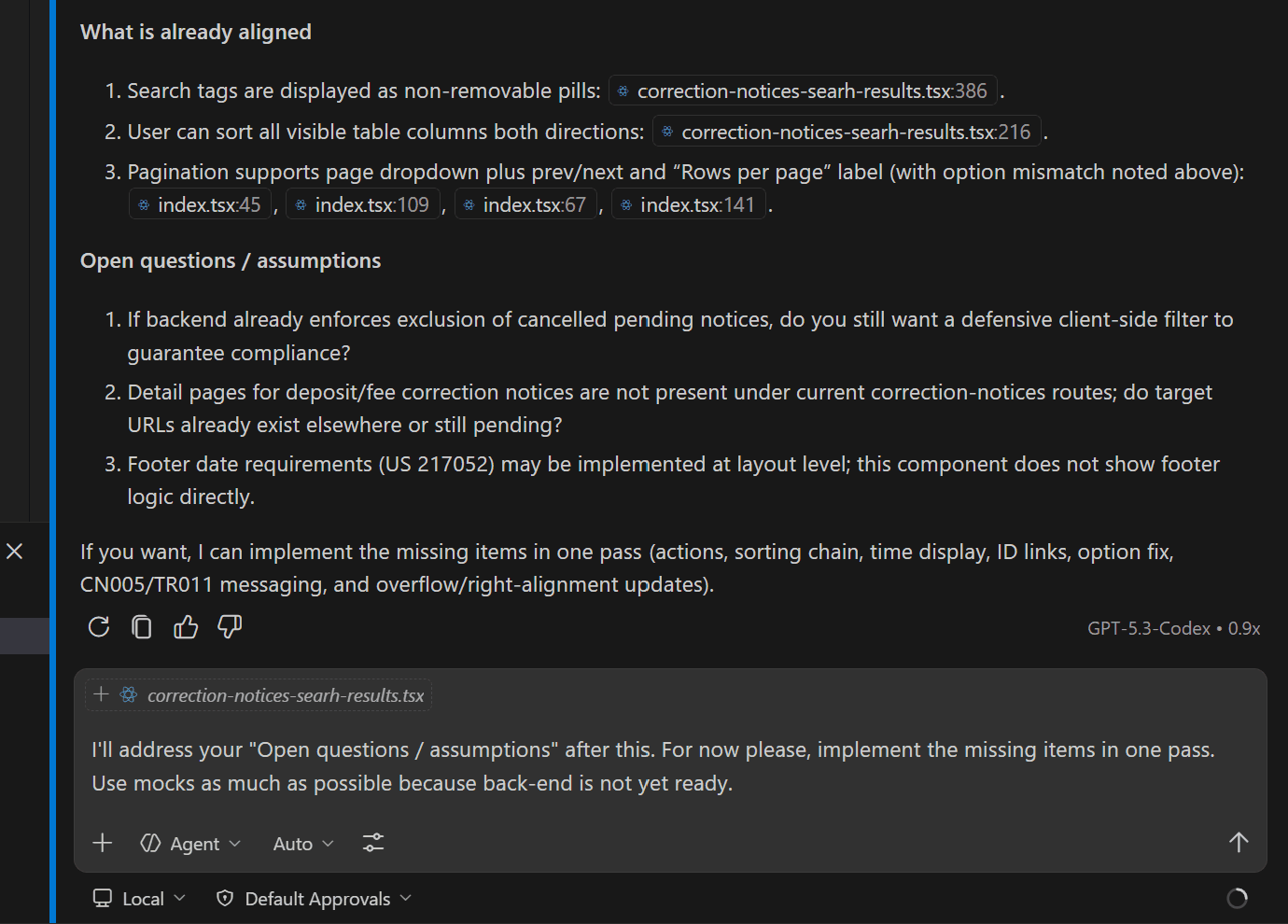 GitHub Copilot reviews the implementation, identifies missing requirements, suggests improvements, and helps prioritize remaining work.
