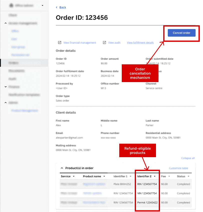 Existing order page enhanced with cancellation-aware UI states, including refund eligibility indicators and contextual cancellation actions.